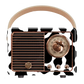 Retro cow print Bluetooth speaker with tan handle, front speaker grille and copper-style control dial.