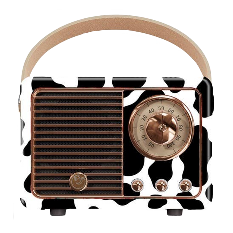 Retro cow print Bluetooth speaker with tan handle, front speaker grille and copper-style control dial.