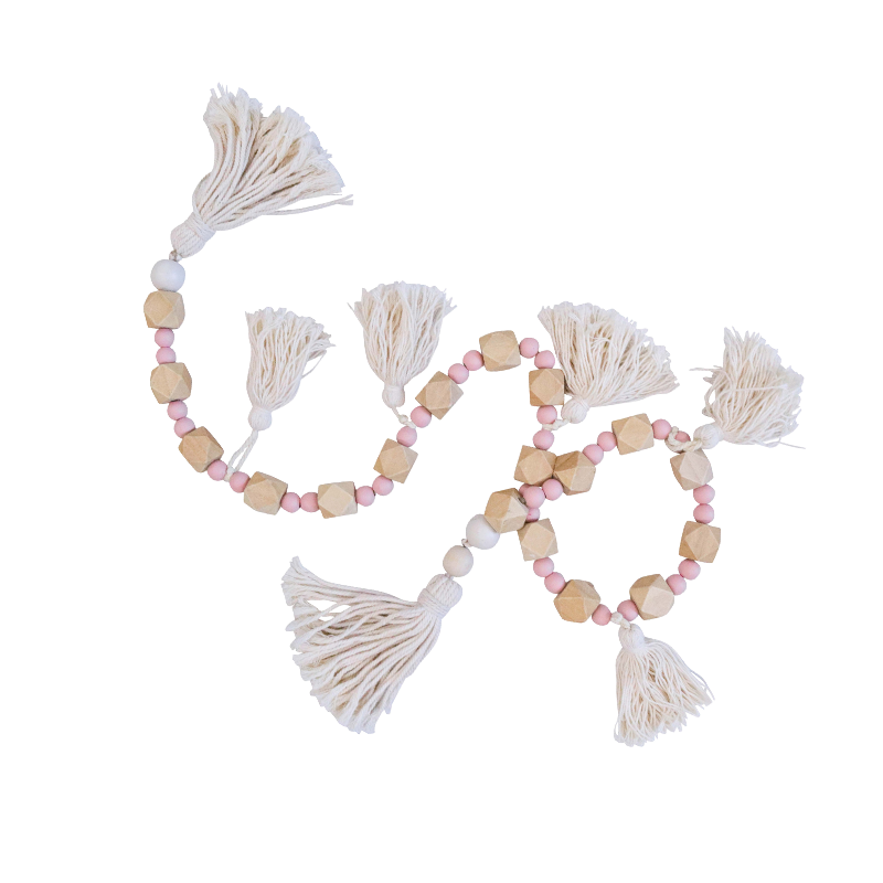 Pink and Wooden Beaded Garland with multiple tassels
