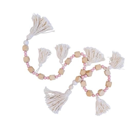 Pink and Wooden Beaded Garland with multiple tassels