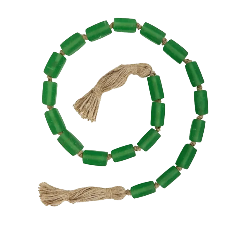 Emerald green glass bead garland with natural tassels