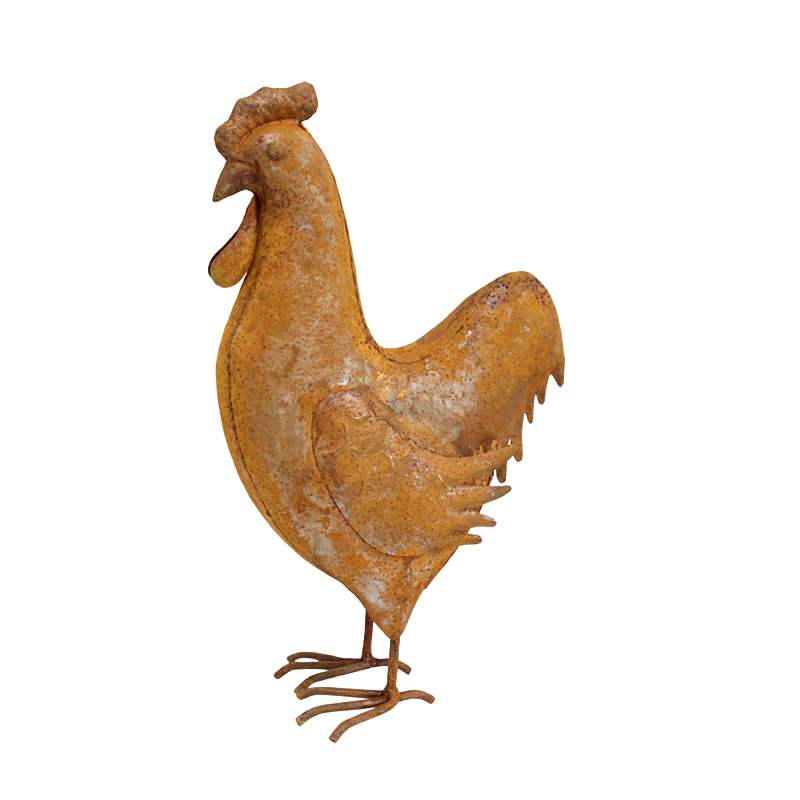 Rustic metal rooster sculpture with weathered finish and embossed feather detailing.