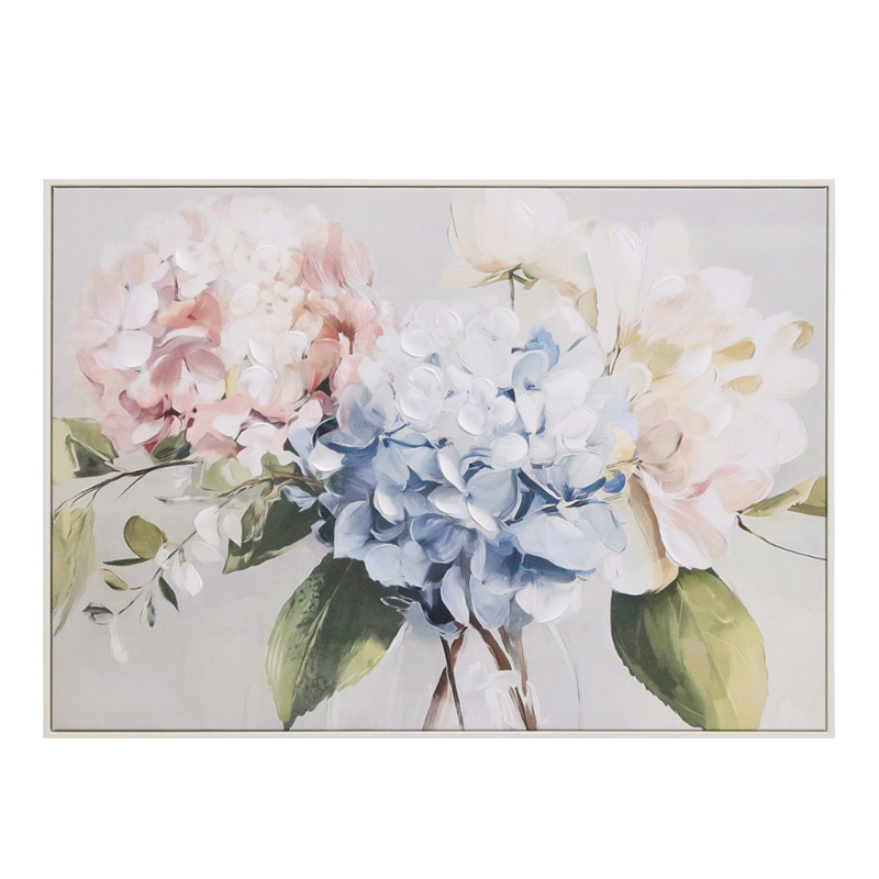 Framed hydrangea floral artwork with soft blue, blush and cream tones