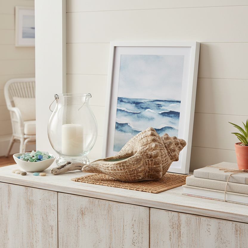 Nautical-themed decor on a wooden console table with a candle, shell, and framed artwork.