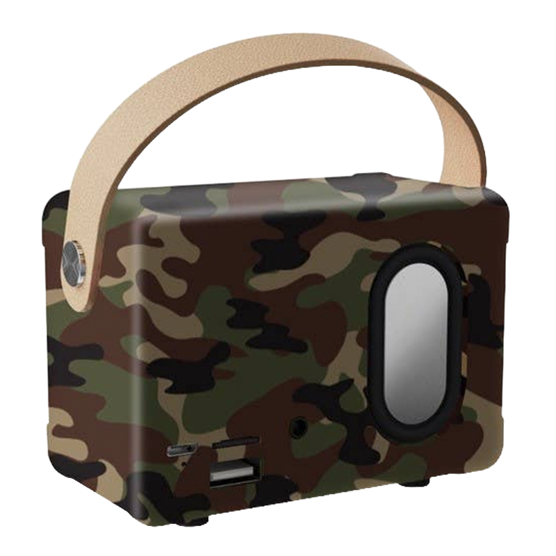 Portable camo print Bluetooth speaker with carry handle and side speaker detail.