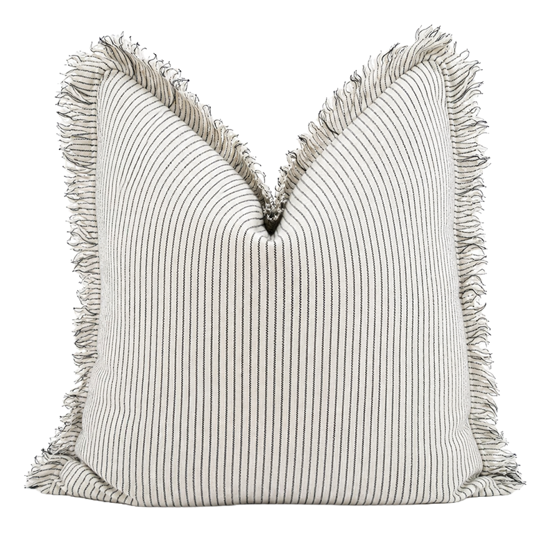 Pure French linen pinstripe cushion cover with soft ruffle edge detailing
