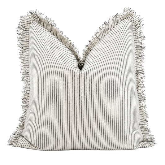 Pure French linen pinstripe cushion cover with soft ruffle edge detailing