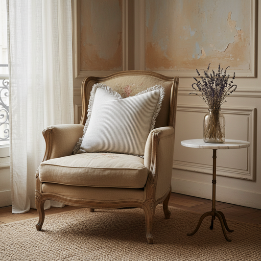 Pure French Linen Ruffle Cushion Cover – Pinstripe 45x45cm