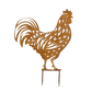 Rustic metal rooster garden stake with detailed cut-out design for garden beds, pots and outdoor spaces.