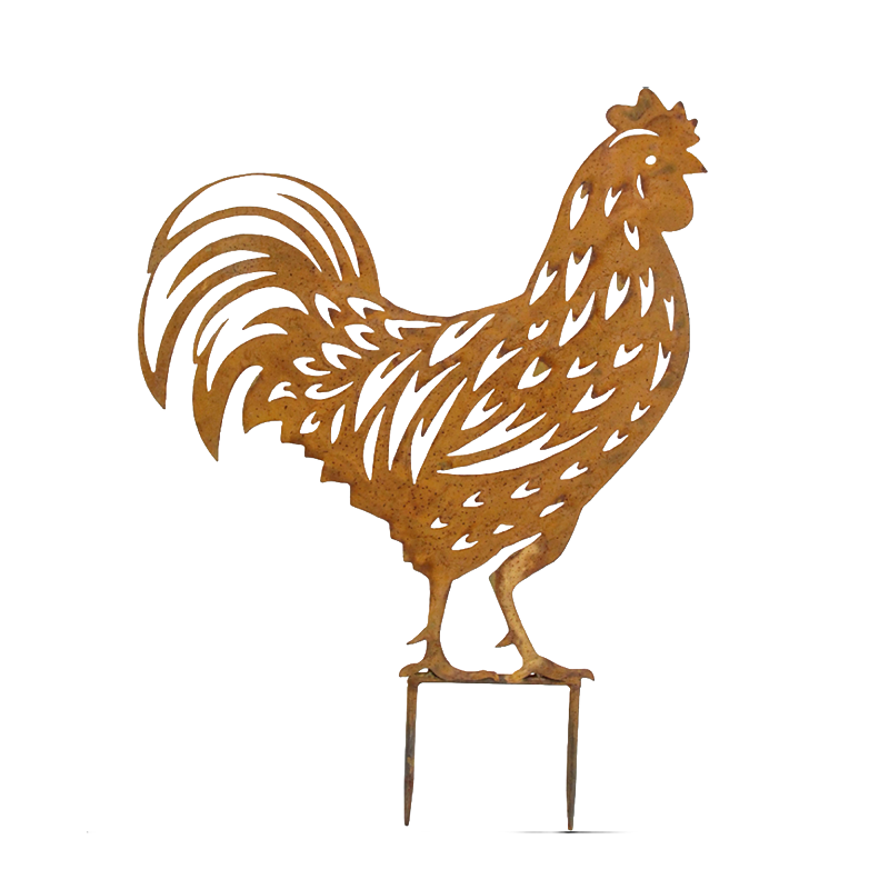 Rustic metal rooster garden stake with detailed cut-out design for garden beds, pots and outdoor spaces.