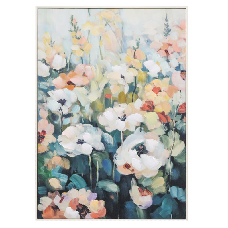 Framed floral artwork with soft wildflower tones and painterly brushstrokes