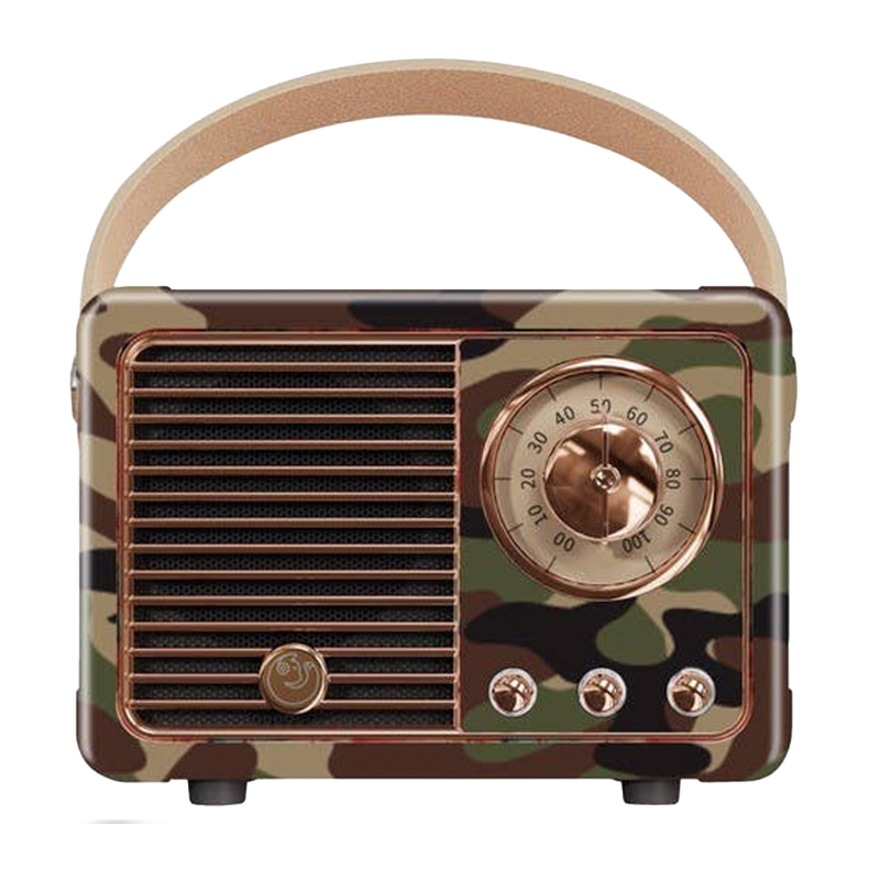 Retro camo Bluetooth speaker with tan handle, front speaker grille and copper-style control dial.