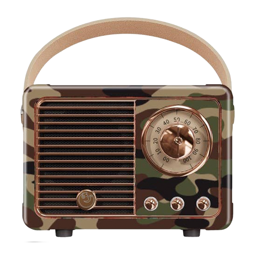 Retro camo Bluetooth speaker with tan handle, front speaker grille and copper-style control dial.