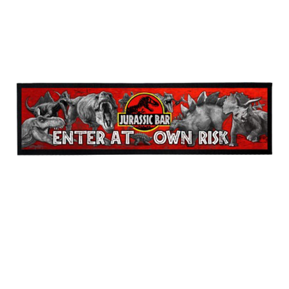 Jurassic Park-themed bar sign with dinosaurs and text on a red background
