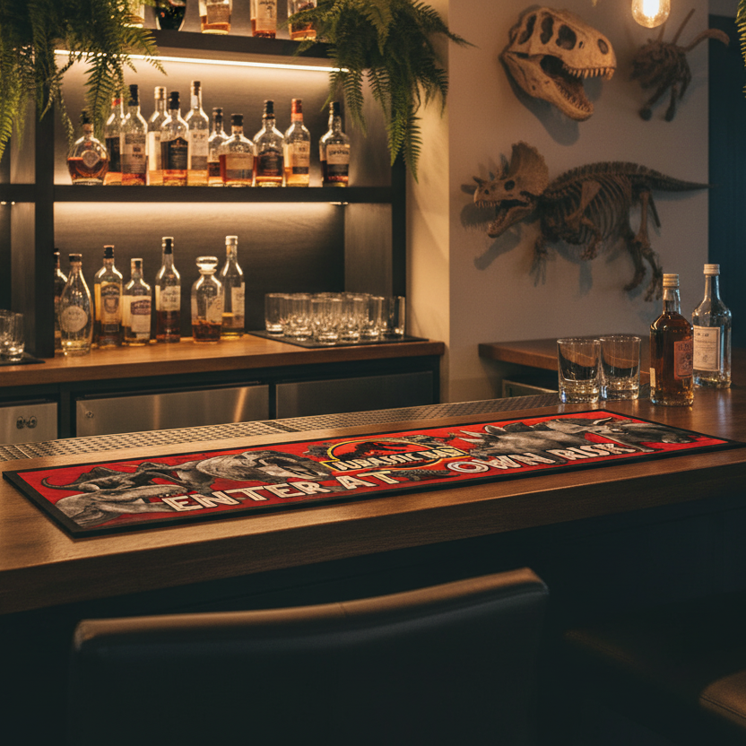 Bar setup with bottles, glasses, and a decorative mat on a wooden bar.