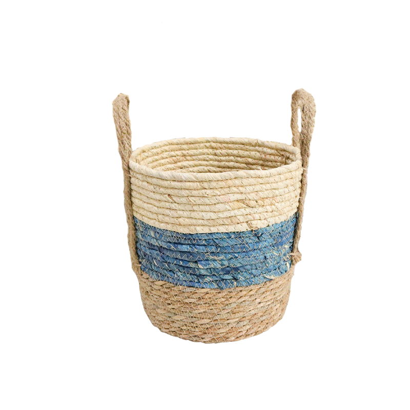 Large Woven basket with blue stripe and handles 