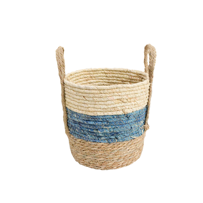 Large Woven basket with blue stripe and handles 