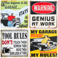 Collection of vintage-style garage coasters with humorous messages
