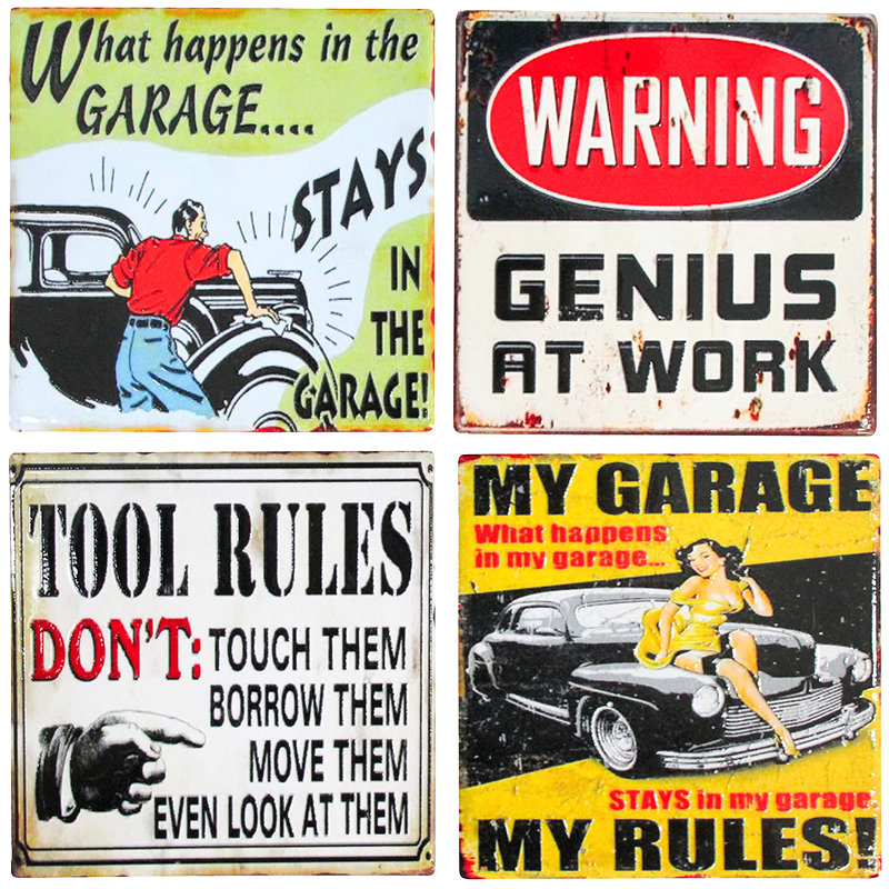 Collection of vintage-style garage coasters with humorous messages