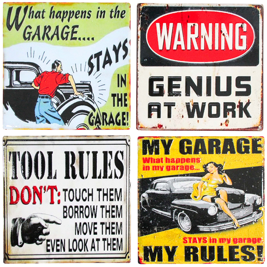 Collection of vintage-style garage coasters with humorous messages