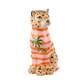 Ceramic leopard figurine wearing an pink and red striped shirt with a palm tree and tiger design 