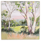 Framed Australian bushland artwork with gum trees and soft green tones