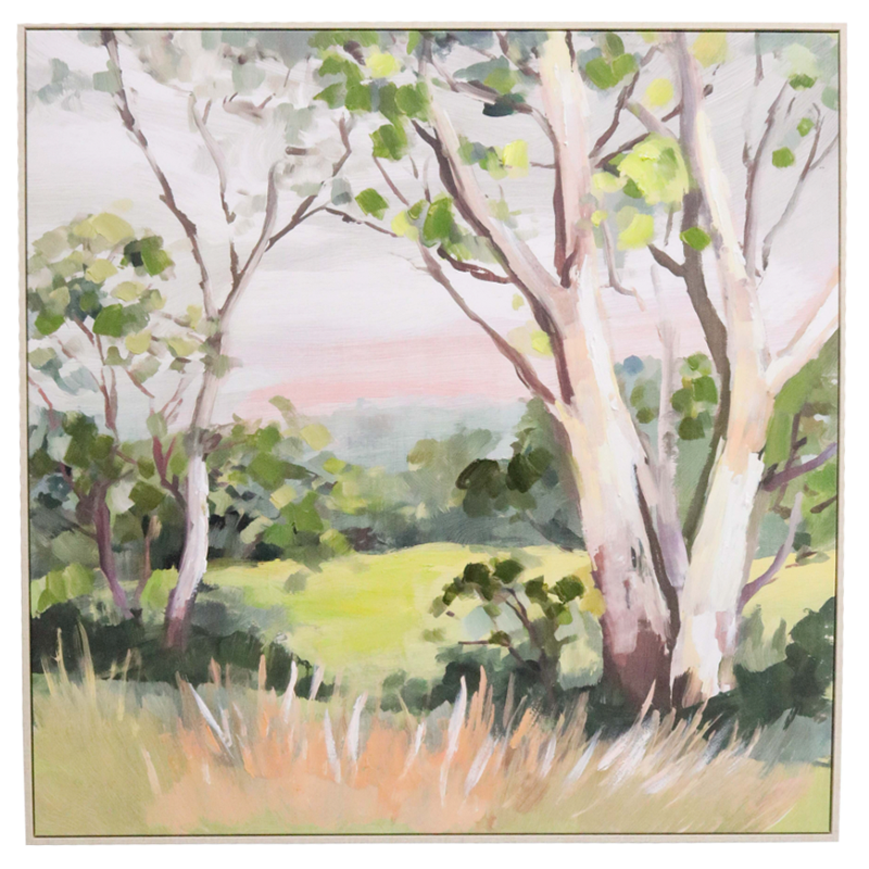 Framed Australian bushland artwork with gum trees and soft green tones