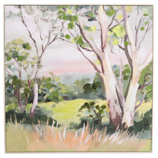 Framed Australian bushland artwork with gum trees and soft green tones