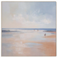 Framed coastal shoreline artwork with soft blue ocean and sandy beach tones