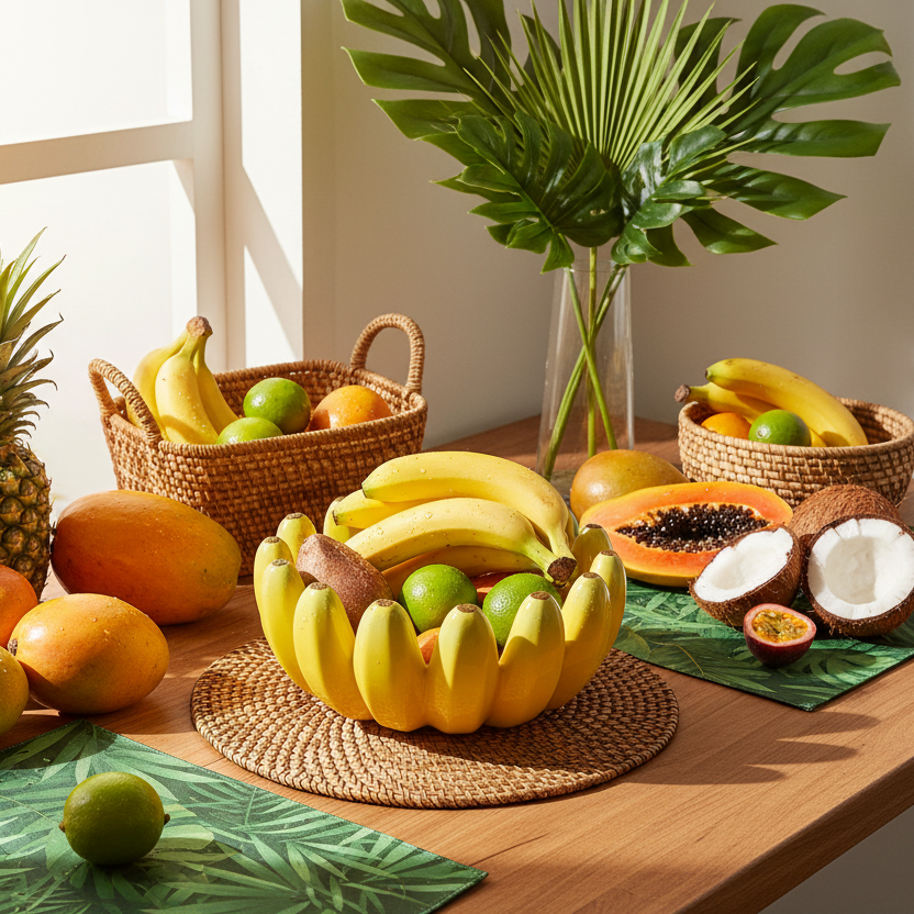 Fruit display on a wooden table with a vase of leaves in the background