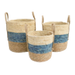 Three woven baskets with blue stripes 
