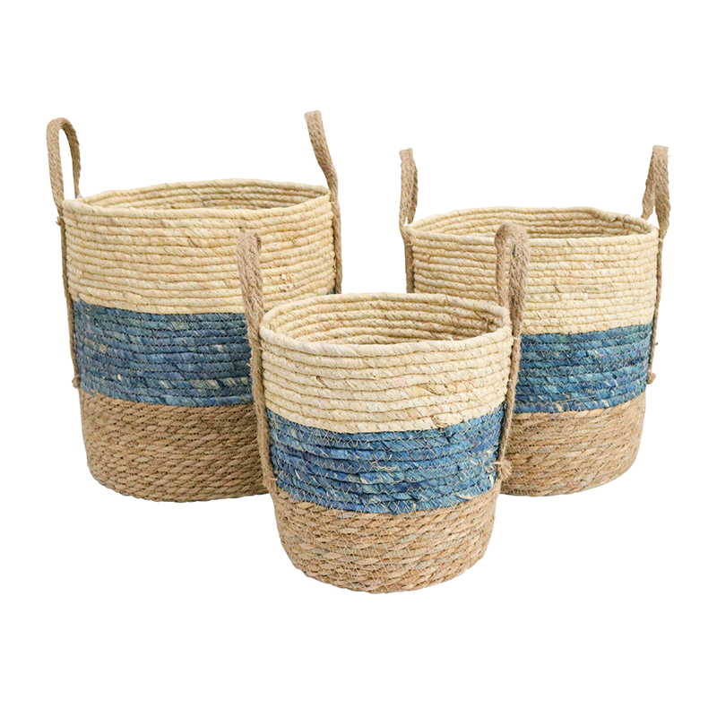 Three woven baskets with blue stripes 