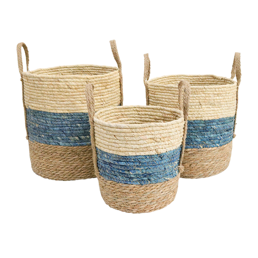 Three woven baskets with blue stripes 