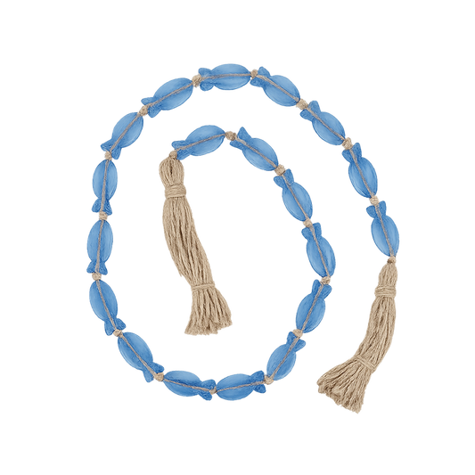 Blue glass fish bead garland with natural tassels 