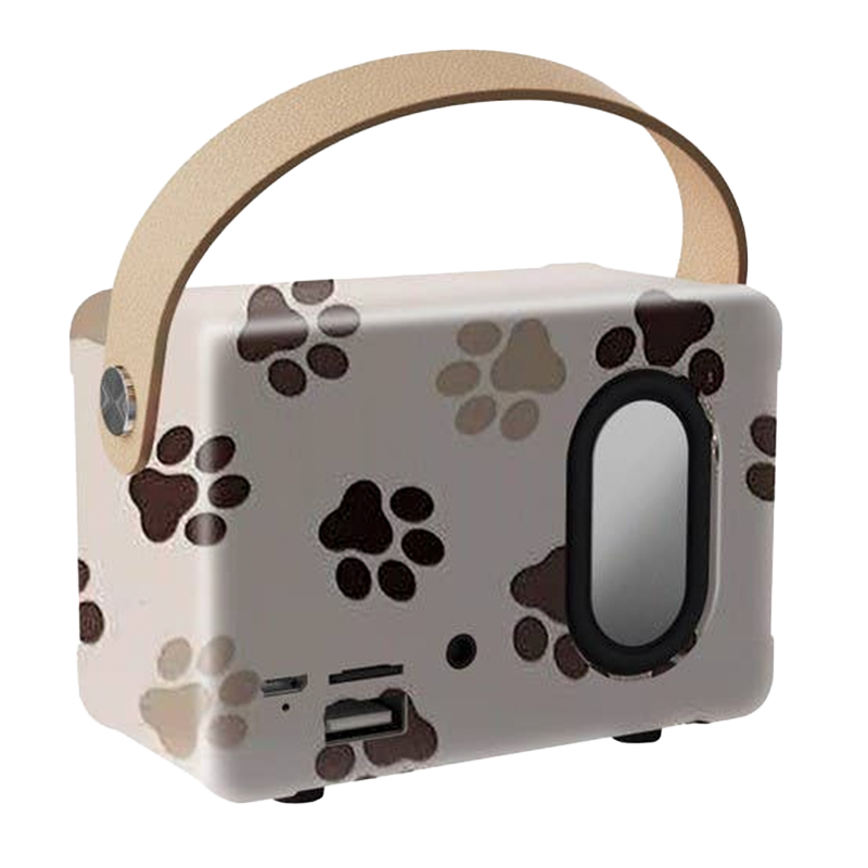 Portable paw print Bluetooth speaker with carry handle and side speaker detail.
