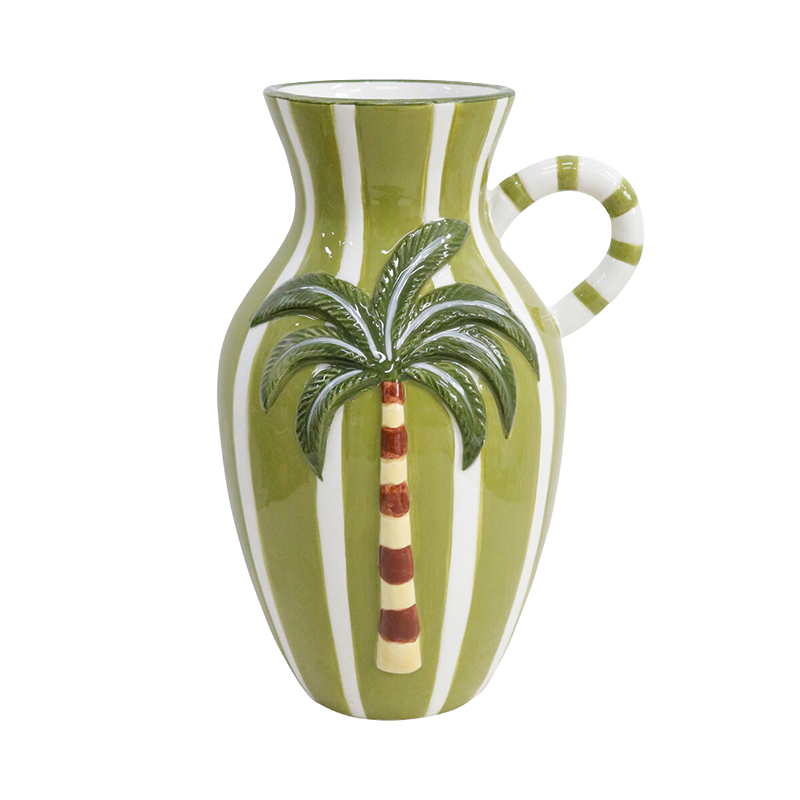 Vase with green and white stripes, palm tree design and small decorative handle