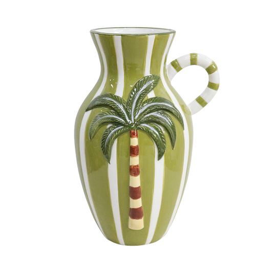 Vase with green and white stripes, palm tree design and small decorative handle