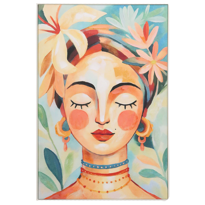 Framed tropical portrait artwork with warm terracotta tones and floral detailing