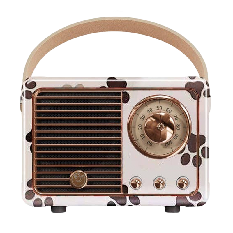 Retro paw print Bluetooth speaker with tan handle, front speaker grille and copper-style control dial.