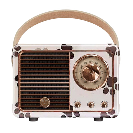 Retro paw print Bluetooth speaker with tan handle, front speaker grille and copper-style control dial.