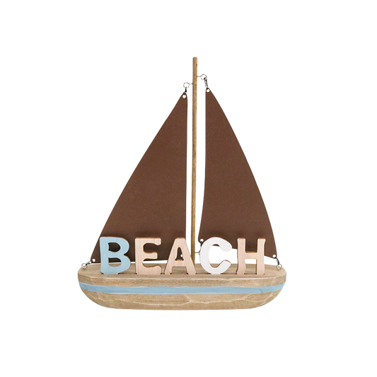 Decorative sailboat with 'BEACH' letters on a white background