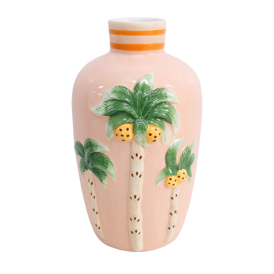 Pink Vase with palm tree and coconut design