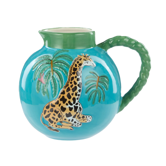 Ceramic jug with a giraffe design on a blue background
