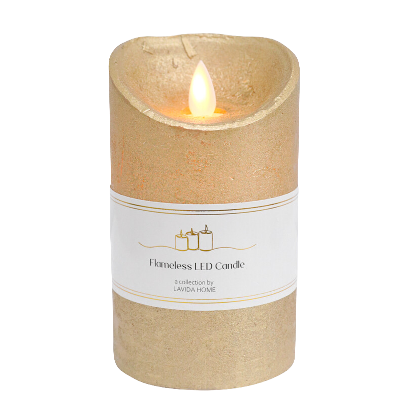 Flameless LED candle with a beige exterior and white label 