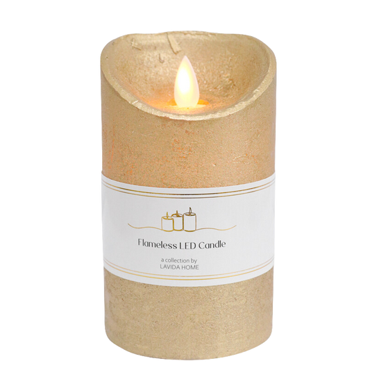 Flameless LED candle with a beige exterior and white label 