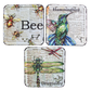 Vintage coaster set featuring hummingbird, bee and dragonfly illustrations on antique dictionary-style backgrounds.
