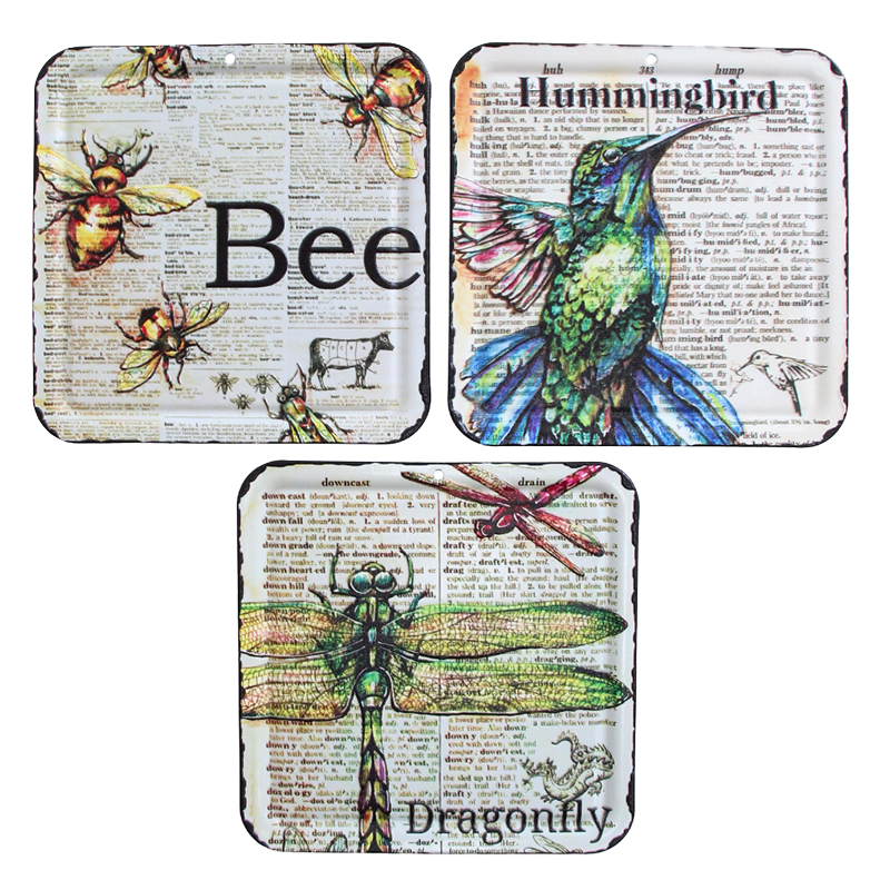 Vintage coaster set featuring hummingbird, bee and dragonfly illustrations on antique dictionary-style backgrounds.