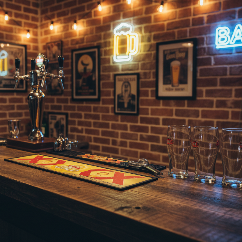 XXXX bar mat on bar counter with glasses and a beer pump