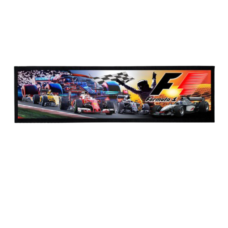  Formula 1 cars and a driver celebrating on a track on a bar mat.
