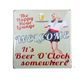 Vintage-style coaster with a waitress and beer glass, featuring text 'The Happy Hour Lounge Welcome It's Beer O'Clock somewhere'.